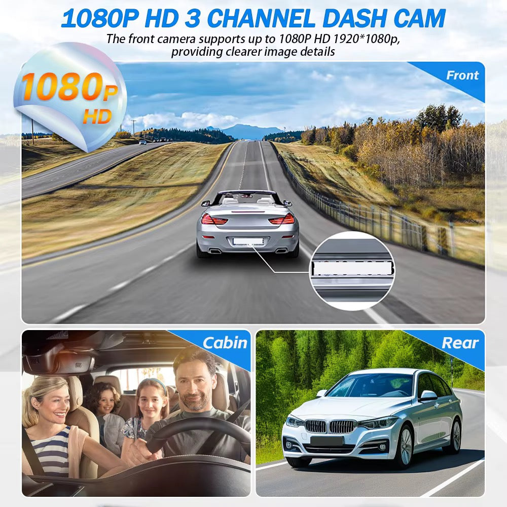 3-Channel 1080P WiFi Dash Cam – Front & Rear Car Camera with LCD Screen & DVR Recording