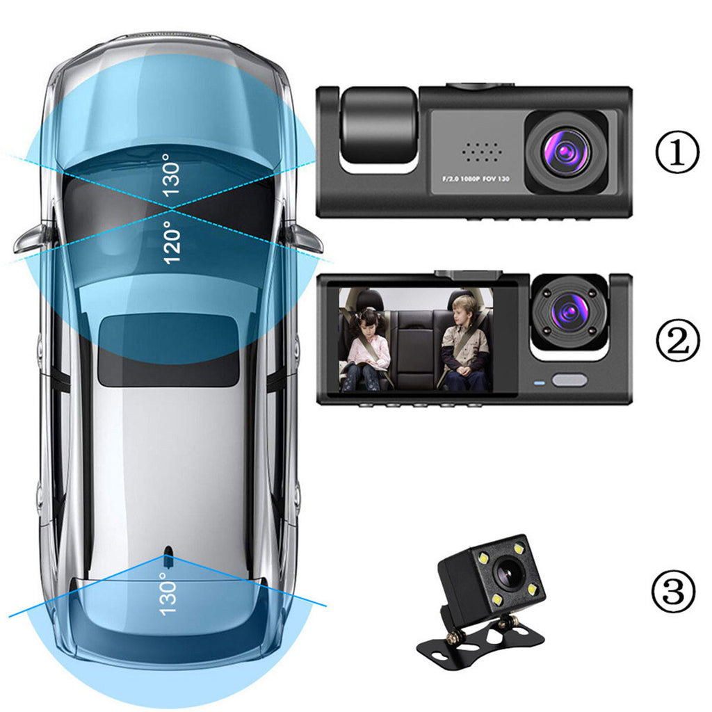 3-Channel 1080P WiFi Dash Cam – Front & Rear Car Camera with LCD Screen & DVR Recording